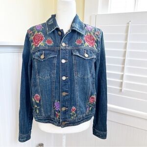 BlankNYC Dark Wash Denim Floral Embroidered Jean Jacket Women’s Size Small